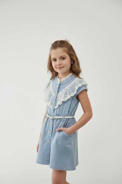 Denim lace dress white background